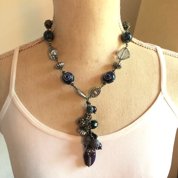 Deep navy and plum tone elegant y drop necklace - Picture 1 of 8